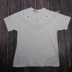 Identity Western Fringe Shirt Adult Medium White Rhinestone Cowgirl Tee